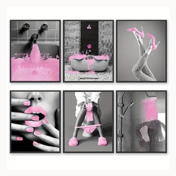 Pink glitter Art Print  Color Pop Art Bathroom Wall Decor Set unframed (6) - Picture 6 of 7
